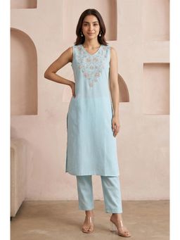 Aurelia - Blue Embroidered Embellished/Sequined Straight Kurta With Pant