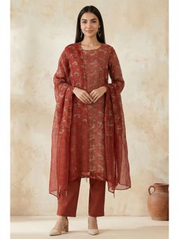Folksong - Rust Floral Printed Straight Kurta And Pant With Dupatta