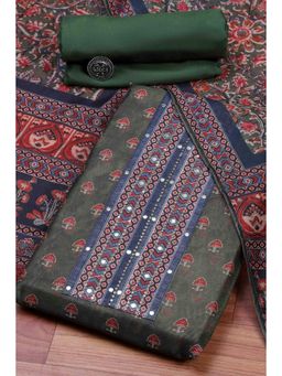 Biba - Green Embroidered Mirror Work Unstitched Top And Bottom With Dupatta