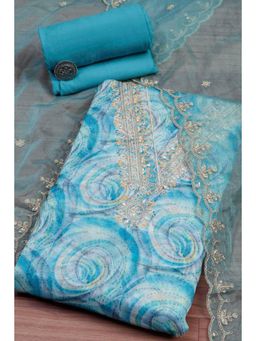 Biba - Blue Embroidered Thread Work Unstitched Top And Bottom With Dupatta