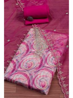 Biba - Pink Embroidered Thread Work Unstitched Top And Bottom With Dupatta