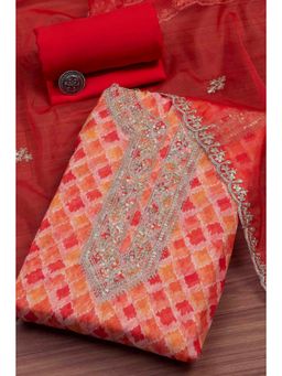 Biba - Peach Embroidered Embellished/Sequined Unstitched Top And Bottom With Dupatta