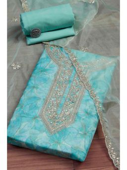 Biba - Blue Embroidered Embellished/Sequined Unstitched Top And Bottom With Dupatta