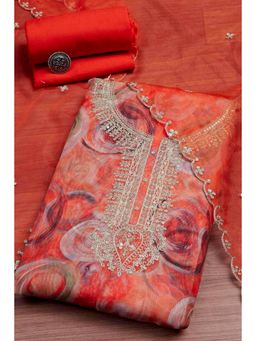 Biba - Peach Embroidered Embellished/Sequined Unstitched Top And Bottom With Dupatta