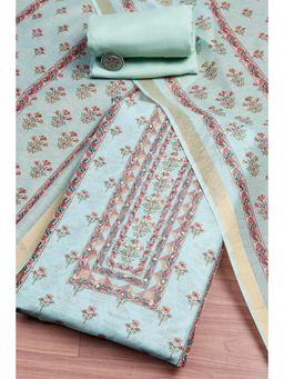 Biba - Green Embroidered Thread Work Unstitched Top And Bottom With Dupatta