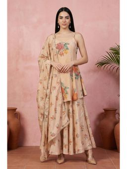 W - Beige Floral Printed Flared Kurta Sharara With Dupatta