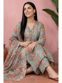 W - Green Floral Printed Straight Kurta And Pant With Dupatta
