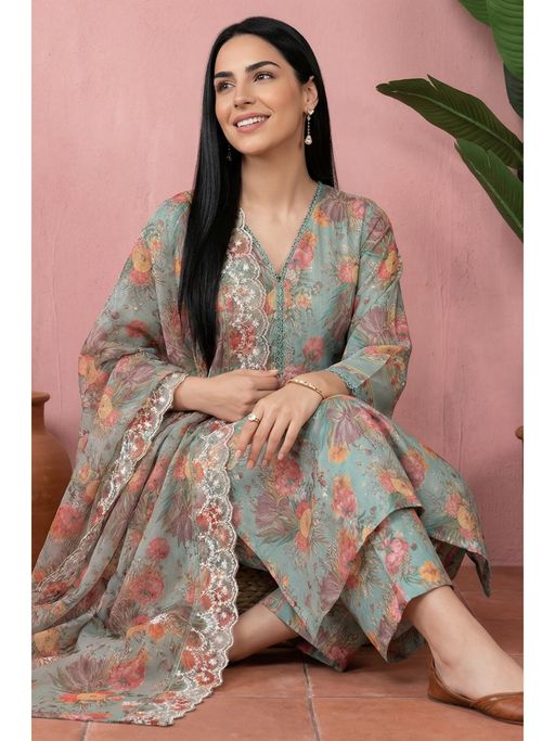 W Green Floral Printed Straight Kurta And Pant With Dupatta