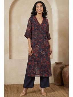 W - Navy Blue Floral Printed Straight Kurta With Palazzo