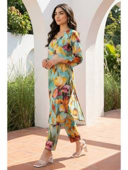W - Turquoise Floral Printed Straight Kurta With Pant
