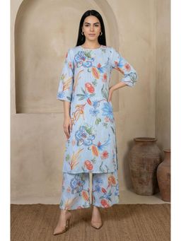 W - Blue Floral Printed Wide Kurta With Palazzo