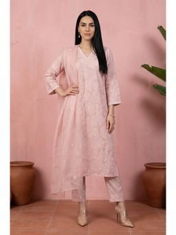 W - Pink Embroidered Embellished/Sequined Straight Kurta And Pant With Dupatta