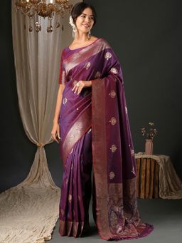 Akhilam - Women's Silk Blend Wine Woven Design Designer Saree with Unstitched Blouse