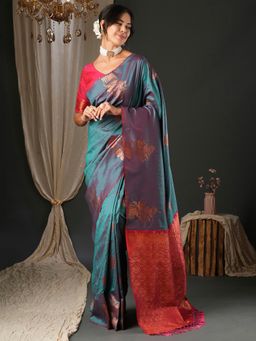 Akhilam - Women's Silk Blend Teal Woven Design Designer Saree with Unstitched Blouse