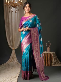 Akhilam - Women's Silk Blend Blue Woven Design Designer Saree with Unstitched Blouse