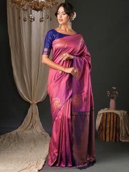 Akhilam - Women's Silk Blend Pink Woven Design Designer Saree with Unstitched Blouse