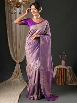 Akhilam - Women's Silk Blend Lavender Woven Design Designer Saree with Unstitched Blouse