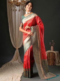 Akhilam - Women's Silk Blend Red Woven Design Designer Saree with Unstitched Blouse
