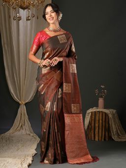 Akhilam - Women's Silk Blend Brown Woven Design Designer Saree with Unstitched Blouse