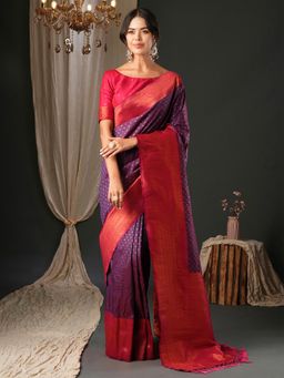 Akhilam - Women's Silk Blend Purple Woven Design Designer Saree with Unstitched Blouse