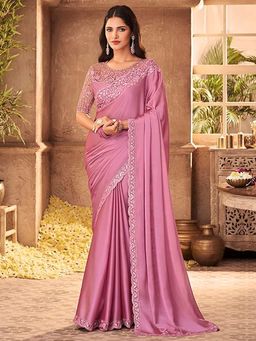 Akhilam - Women's Georgette Pink Embellished Designer Saree with Unstitched Blouse
