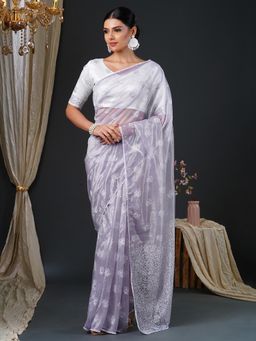 Akhilam - Women's Organza Lavender Embroidered Designer Saree with Unstitched Blouse