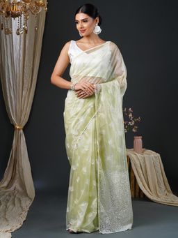 Akhilam - Women's Organza Green Embroidered Designer Saree with Unstitched Blouse