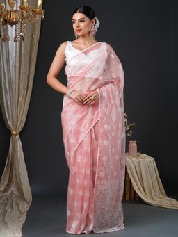 Akhilam - Women's Organza Peach Embroidered Designer Saree with Unstitched Blouse