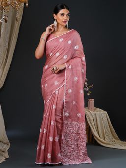 Akhilam - Women's Kota Doria Cotton Pink Embroidered Designer Saree with Unstitched Blouse