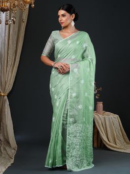 Akhilam - Women's Kota Doria Cotton Sea Green Embroidered Designer Saree with Unstitched Blouse