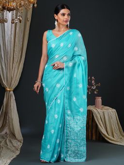 Akhilam - Women's Kota Doria Cotton Light Blue Embroidered Designer Saree with Unstitched Blouse