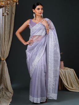 Akhilam - Women's Organza Lavender Embroidered Designer Saree with Unstitched Blouse