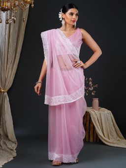 Akhilam - Women's Organza Pink Embroidered Designer Saree with Unstitched Blouse
