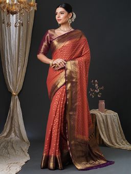 Akhilam - Women's Georgette Orange Woven Design Designer Saree with Unstitched Blouse