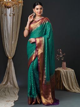 Akhilam - Women's Georgette Green Woven Design Designer Saree with Unstitched Blouse