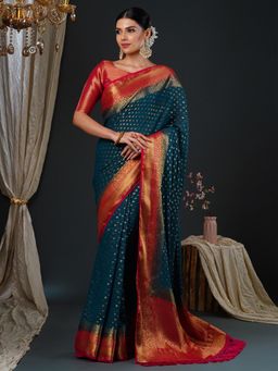 Akhilam - Women's Georgette Teal Woven Design Designer Saree with Unstitched Blouse