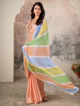 Akhilam - Women's Chiffon Peach Printed Designer Saree with Unstitched Blouse