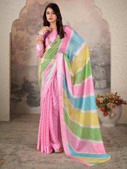 Akhilam - Women's Chiffon Pink Printed Designer Saree with Unstitched Blouse