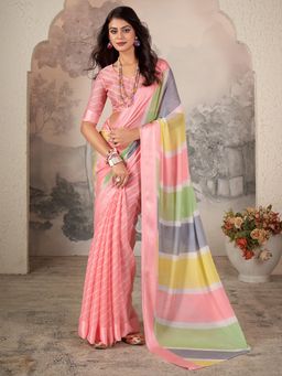 Akhilam - Women's Chiffon Pink Printed Designer Saree with Unstitched Blouse