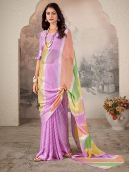 Akhilam - Women's Chiffon Lavender Printed Designer Saree with Unstitched Blouse