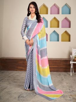 Akhilam - Women's Chiffon Grey Printed Designer Saree with Unstitched Blouse
