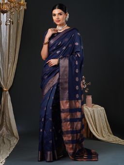 Akhilam - Women's Silk Blend Navy Blue Woven Design Designer Saree with Unstitched Blouse