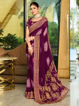 Akhilam - Women's Georgette Wine Printed Designer Saree with Unstitched Blouse
