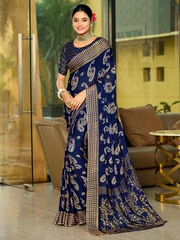 Akhilam - Women's Georgette Navy Blue Printed Designer Saree with Unstitched Blouse