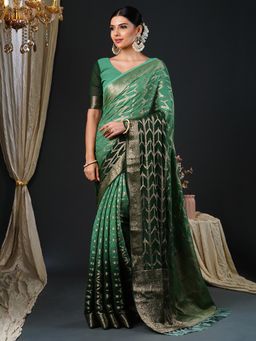 Akhilam - Women's Georgette Light Green Woven Design Designer Saree with Unstitched Blouse
