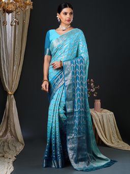 Akhilam - Women's Georgette Turquoise Woven Design Designer Saree with Unstitched Blouse