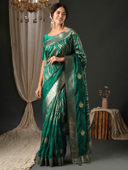 Akhilam - Women's Organza Green Woven Design Designer Saree with Unstitched Blouse