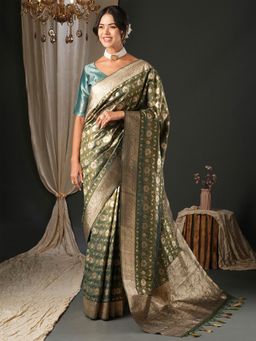 Akhilam - Women's Organza Olive Woven Design Designer Saree with Unstitched Blouse