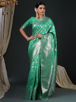 Akhilam - Women's Silk Blend Turquoise Woven Design Designer Saree with Unstitched Blouse