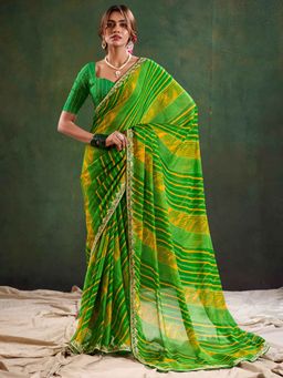 Akhilam - Women's Pure Chiffon Green Printed Designer Saree with Unstitched Blouse